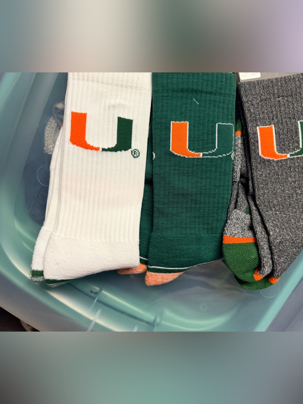 NCAA university of Miami Men's Athletic Crew Socks - Green/Orange/White/Gray